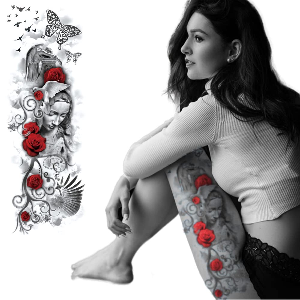 S.A.V.I Full Arm Temporary Tattoo, Mother Virgin Mary Tattoo Sticker, Size 48x17CM