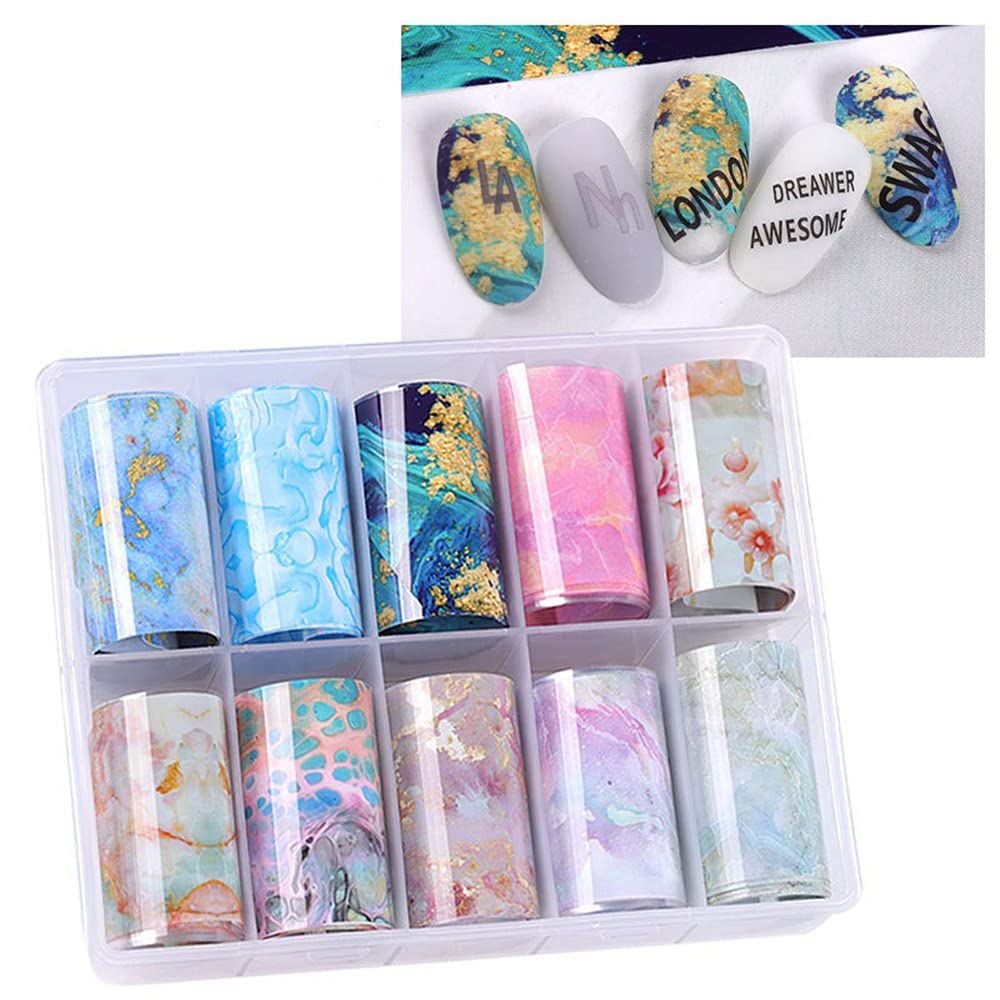 S.A.V.I 10 Rolls Nail Foil Transfer Sticker DIY Holographic Multicolor Marbles Pattern Nail Decoration, 4x100CM each roll