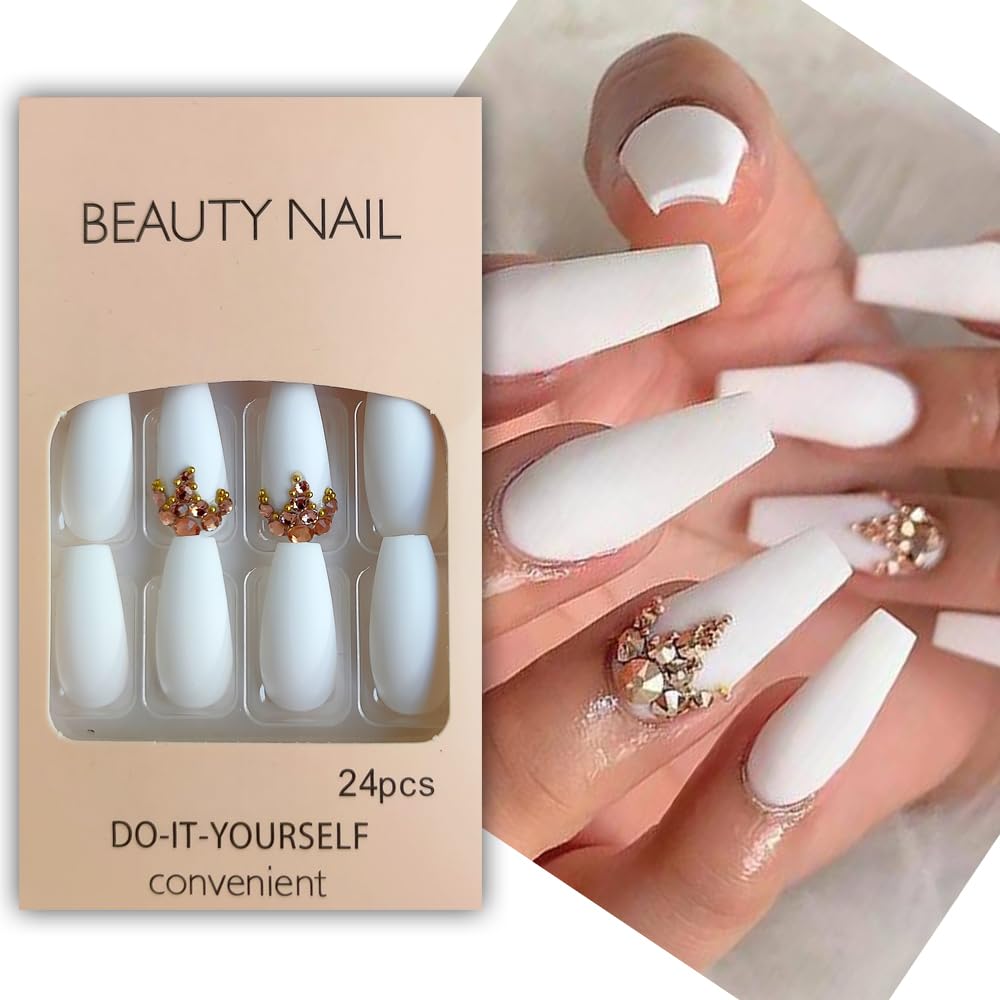 S.A.V.I 24 PCS White Coffin Nails - Reusable, Press-on with Rhinestones - Includes Glue Tape