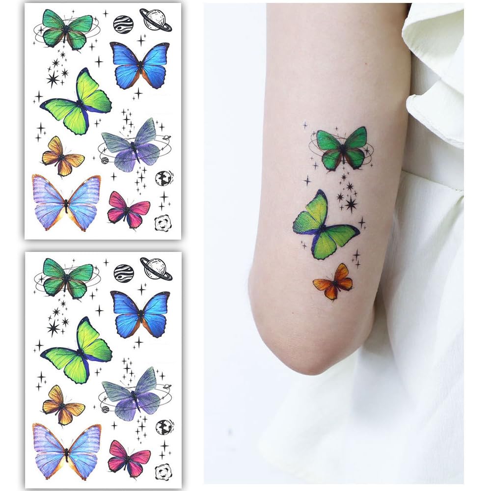 S.A.V.I 2 Sheets - Butterfly Temporary Tattoo Stickers for Kids and Adults, Multicolor, Waterproof Long-lasting, 7.5x12 cm - Easy Application Removal, Ideal for Parties, Festivals Events