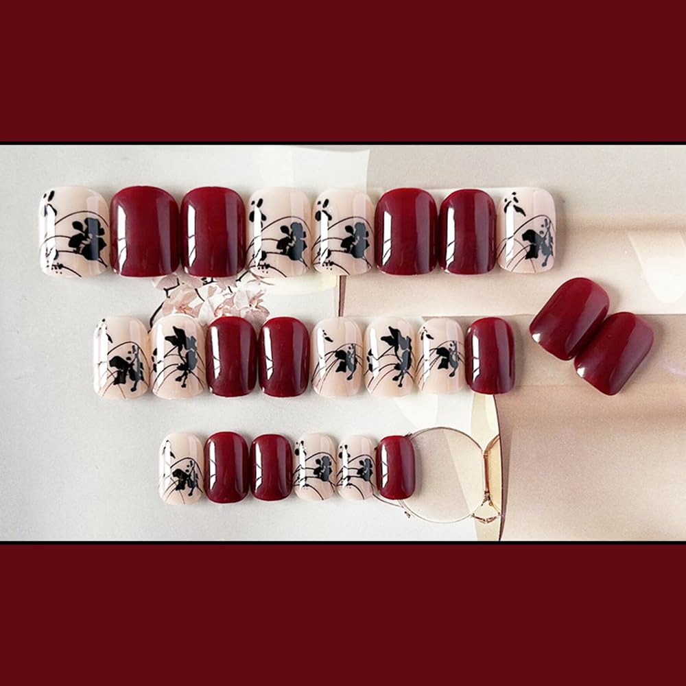 S.A.V.I 24 Pcs Wine & Nude Short Press On Nails with Black Floral Design | Natural Look Reusable Fake Nail Tips for Women & Girls | With Glue & Adhesive Tabs | Nail Art Kit