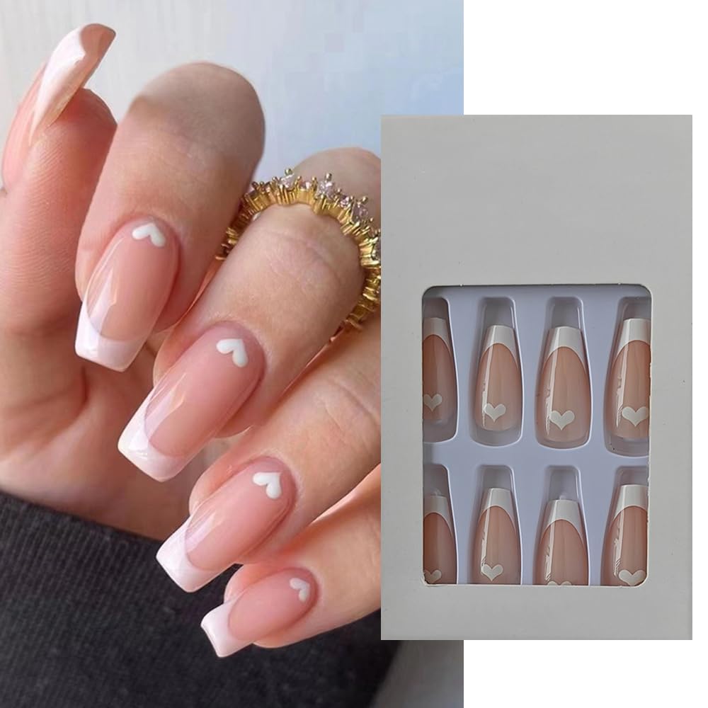 S.A.V.I 24 PCs Long Coffin Shape Nude French Manicure with Heart Print | Press-on Fake Nails | DIY Manicure Kit | Reusable, Easy to Apply, Professional Look | Perfect for Home Salon Use