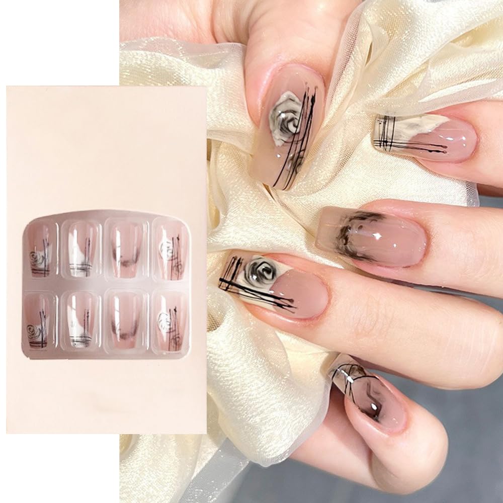 S.A.V.I 24 Pc Nude Floral Square Fake Nails - Press-On Manicure Set, Easy Apply