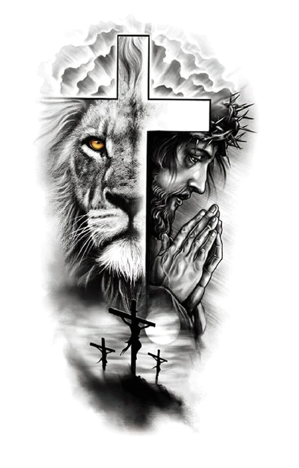 S.A.V.I Temporary Tattoo Stickers, Lion Face Half Cross Jesus Hanging Tattoo Pattern For Men, Women, Tattoo For Hand Arm, Size 21x11cm - 1Pc.