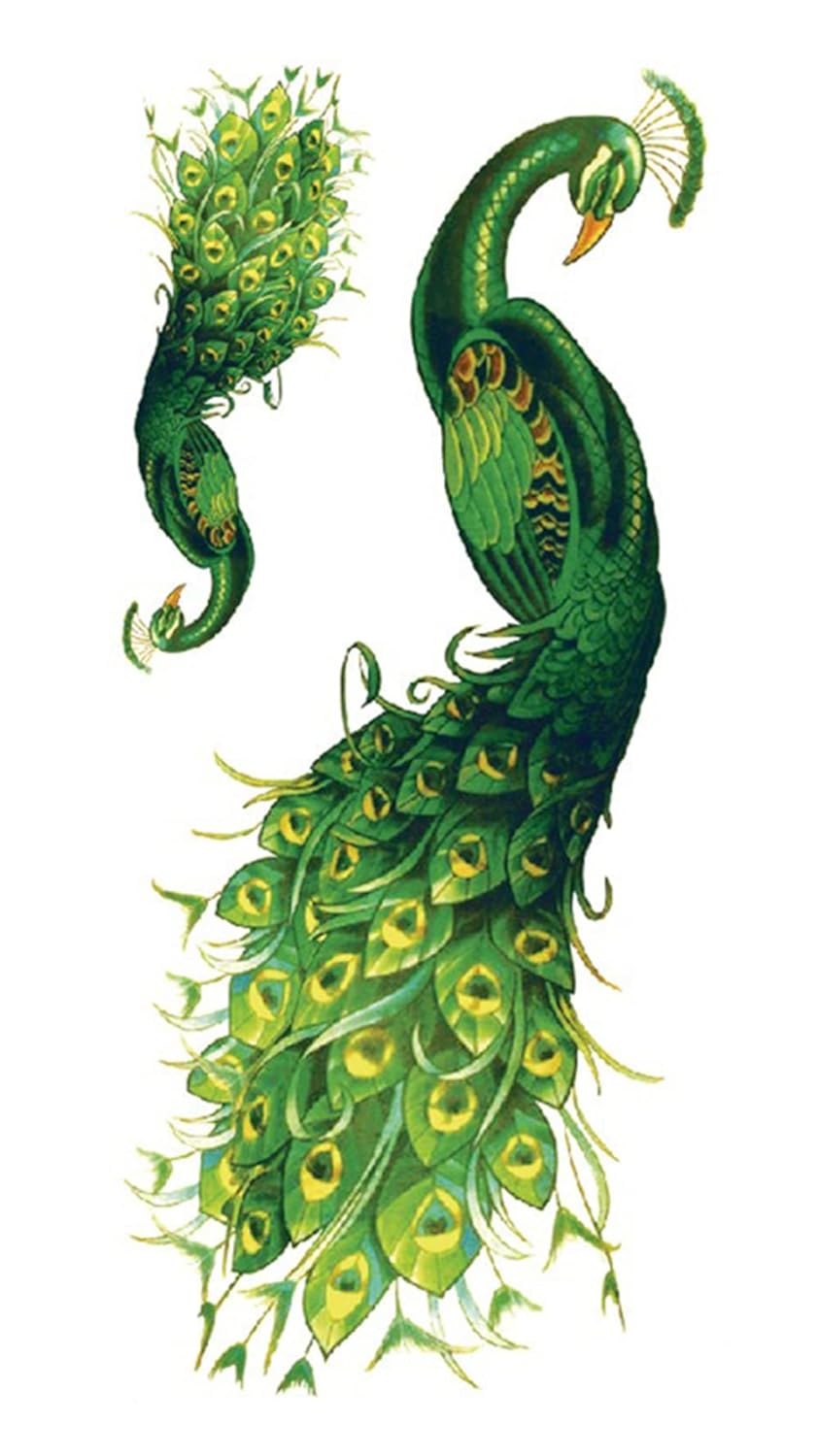 S.A.V.I Temporary Tattoo Stickers, 2 Green Peacock Beautiful Tattoo Pattern For Men, Women, Tattoo For Hand Arm, Size 21x11cm - 1Pc.