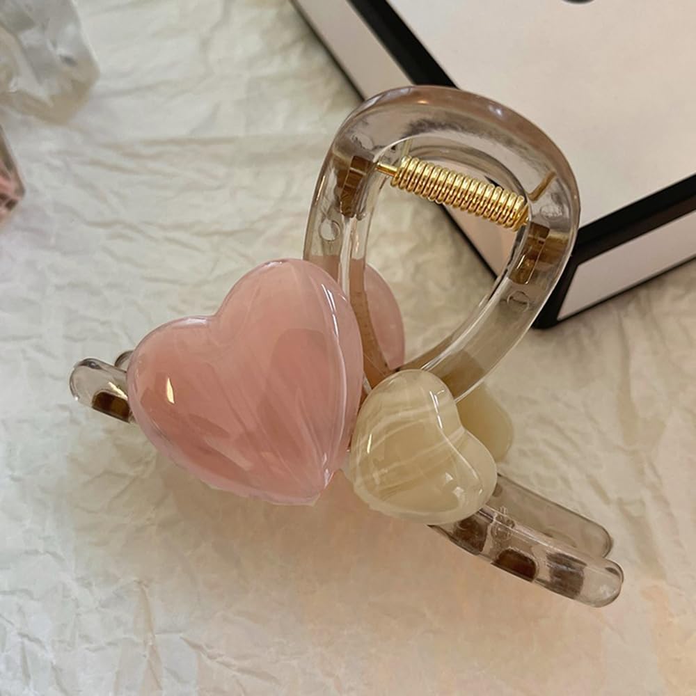 S.A.V.I 8cm Heart Shape Hair Claw Clip for Women & Girls | Pastel Pink & Beige Acrylic Hair Clip | Strong Grip Clutcher for Thick Hair | Stylish Daily & Party Hair Accessory