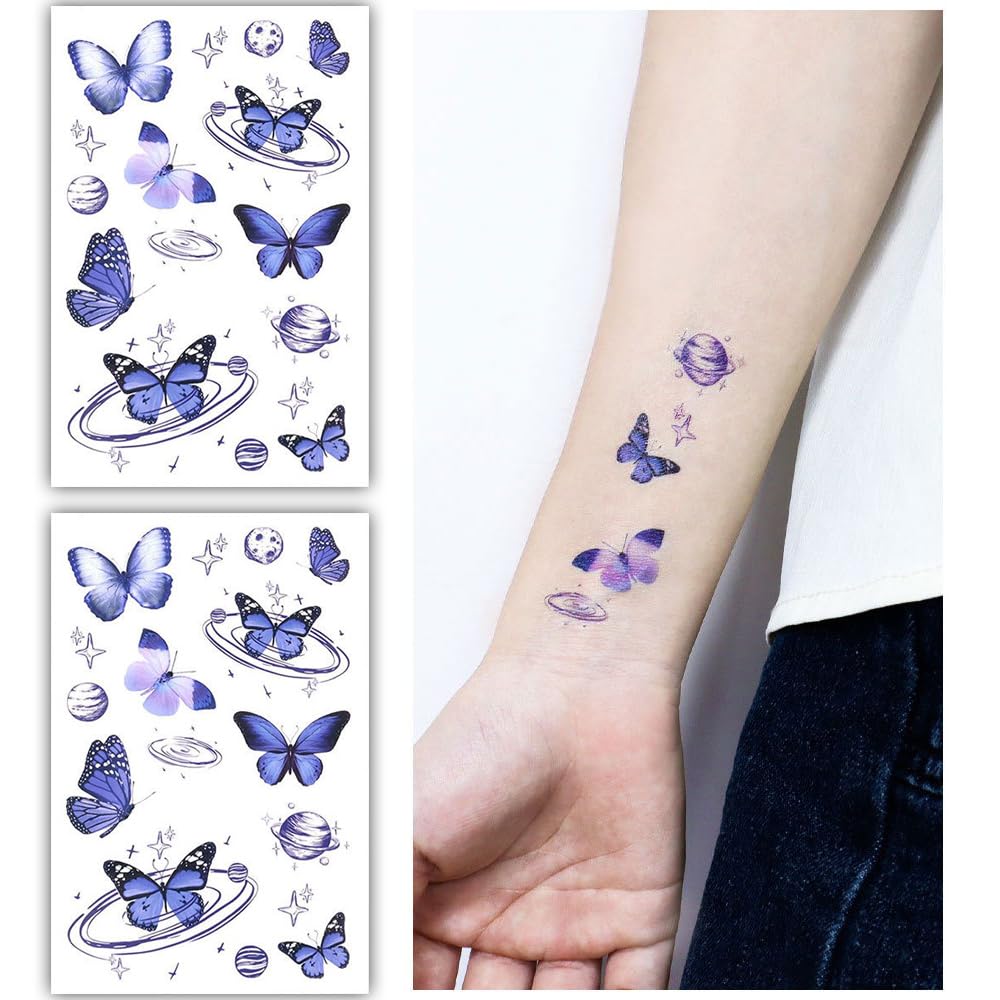 S.A.V.I 2 Sheets | Blue Butterfly Galaxy Temporary Tattoos for Women, Kids | 12x7.5cm | Cute, Long-Lasting, Waterproof Body Art Stickers | Ideal for Parties, Festivals, Events | Easy Apply Remove