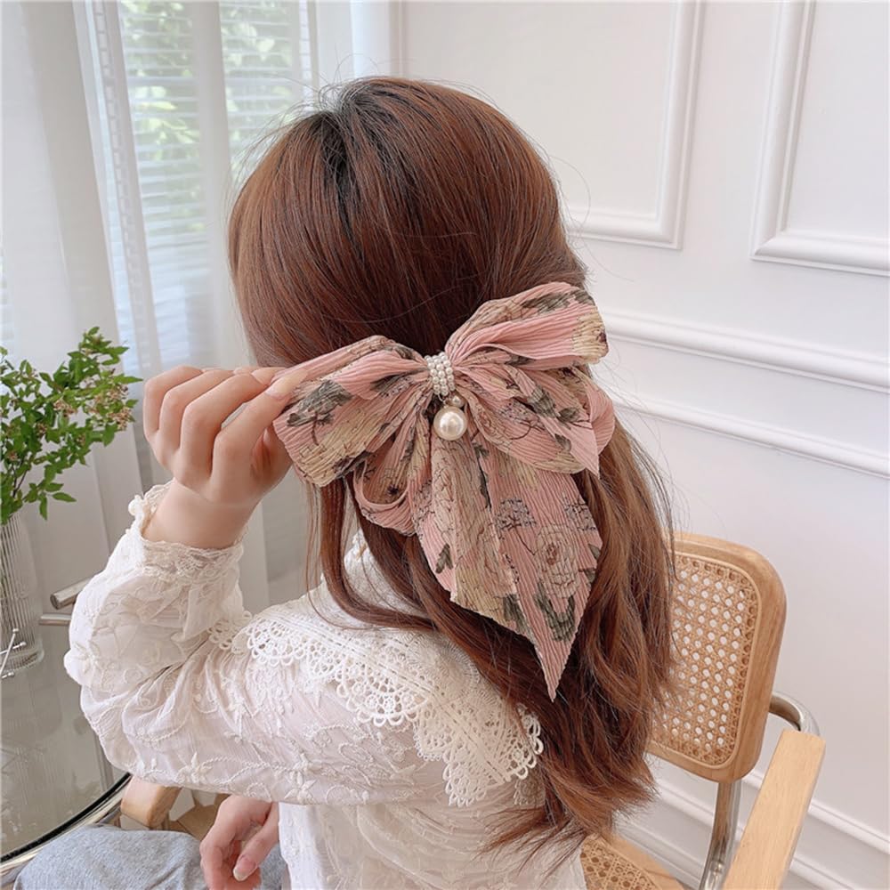 S.A.V.I Pink Floral Big Bow Hair Clip for Women & Girls | 17x15 cm Pleated Korean Style Barrette with Pearl Beads | Stylish Hair Accessory for Long Hair, Daily & Party