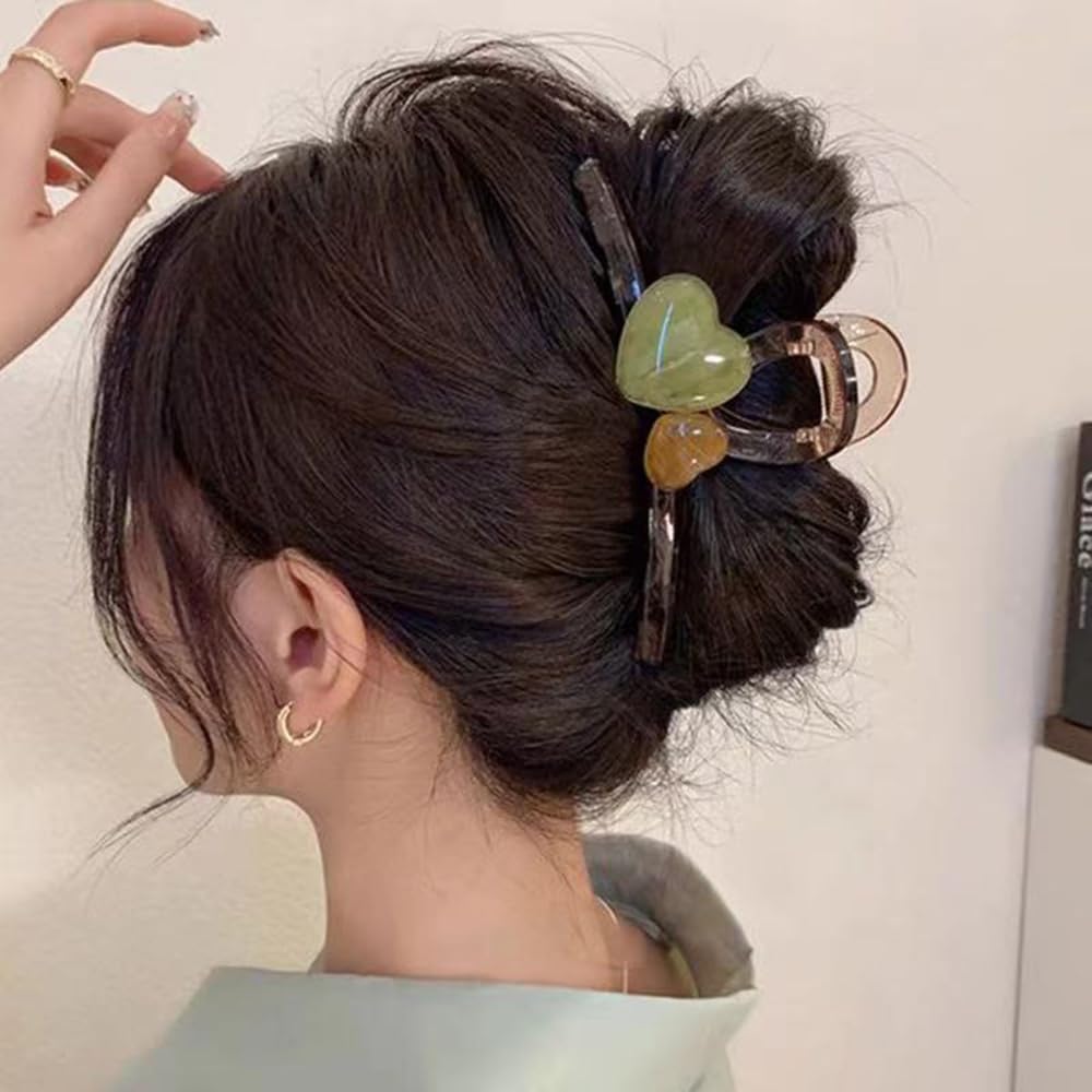 S.A.V.I Stylish Resin Hair Claw Clip for Women & Girls | 13cm Heart Shape with Green & Amber Stones | Strong Grip Bun Holder | Acrylic Hair Accessory for Daily & Party
