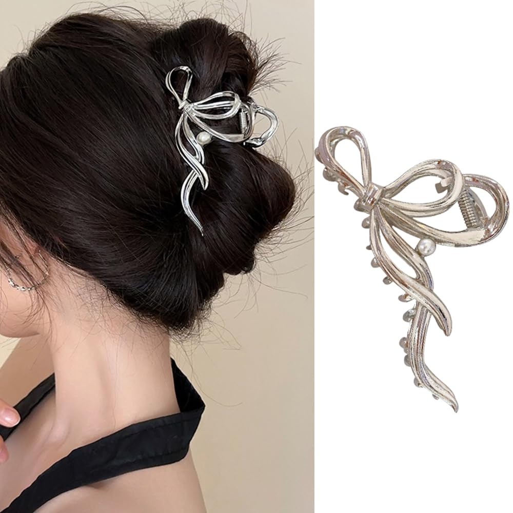 S.A.V.I Silver Metal Bow Hair Clutch for Women Girls | Elegant Pearl Hair Clip | Stylish Hair Accessory for Party, Casual Festive | Western Design Hair Claw for Strong Grip Secure Hold