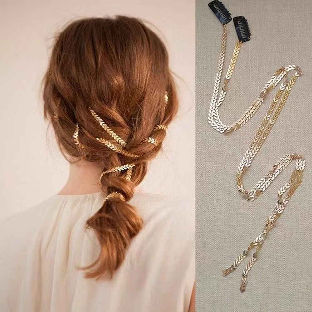 S.A.V.I 2 Pcs Gold Hair Chain for Women & Girls | 52cm Flexible Leaf Design Hair Jewellery with Clips | Stylish Hair Accessory for Braids, Buns & Updos | Party & Ethnic