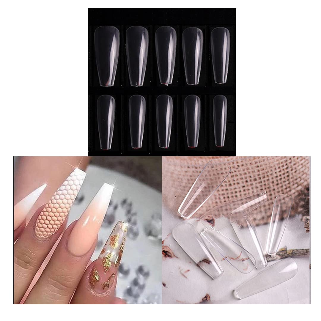 S.A.V.I Artificial False Nails 500 PCS Clear Long Coffin Nail Tips for Acrylic Nail/Dip Powder Nails/Poly Nail Extension Gel Nail Art DIY Home, 50/Size