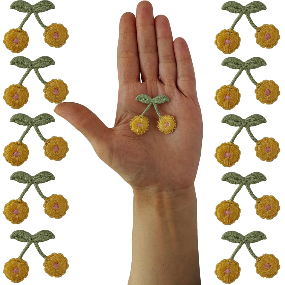 S.A.V.I Vibrant Cherry Embroidery Patch Set of 10 - DIY Sew-On Badges for Clothes, Jackets, Dresses, Blouses, Scarves, Hats, Bags, Jackets, Vests, Skirts, T-Shirts, Sweaters, Tank Tops (Yellow)