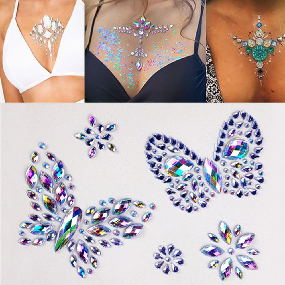 S.A.V.I 3D Body Jewels, Butterfly Jewelry Rhinestone, Chest Crystal Sticker, Tattoo for Women Girls Events Disco Club Party Weddings