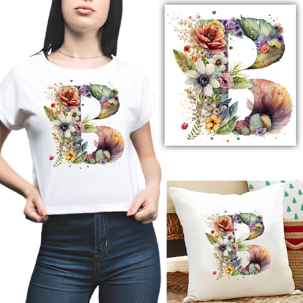 S.A.V.I 1PC Floral Alphabet Iron-On Patch – Washable Heat Transfer Sticker for DIY T-Shirts, Jeans, Pillows, Backpacks, Hats – Easy Applique with Beautiful Flower Design – Clothing Accessories Patch (B)