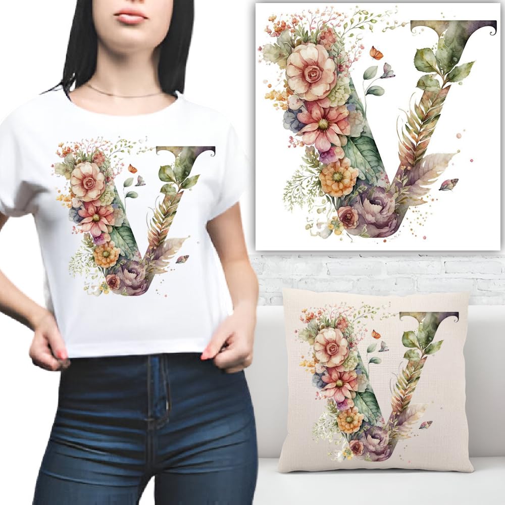 S.A.V.I 1PC Floral Alphabet Iron-On Patch – Washable Heat Transfer Sticker for DIY T-Shirts, Jeans, Pillows, Backpacks, Hats – Easy Applique with Beautiful Flower Design – Clothing Accessories Patch (V)