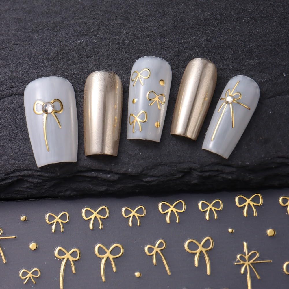 S.A.V.I 3D Self-Adhesive Nail Art Stickers – 4 Sheets Gold Bow, Star & Floral Designs – Long-Lasting Peel & Stick Decals for Women, DIY Manicure, Acrylic & Gel Nail Decoration, Easy to Apply