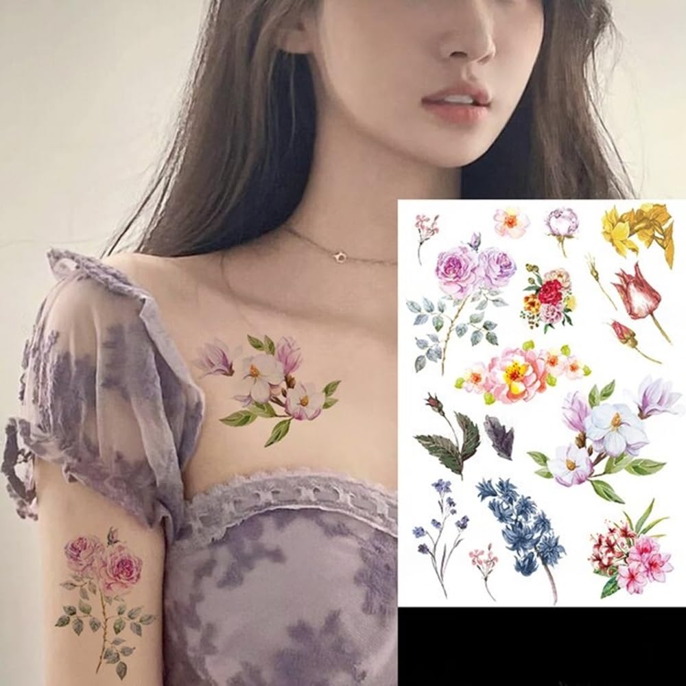 S.A.V.I Temporary Tattoo - 21x15cm Colorful Flower Designs - For Men Women