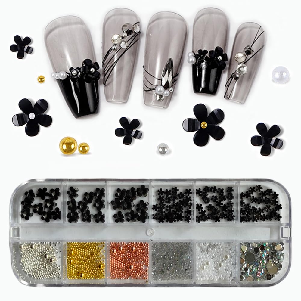 S.A.V.I 3D Five-Petal Flower Metal Beads - Rhinestones Pearls for DIY Nail Art Manicure