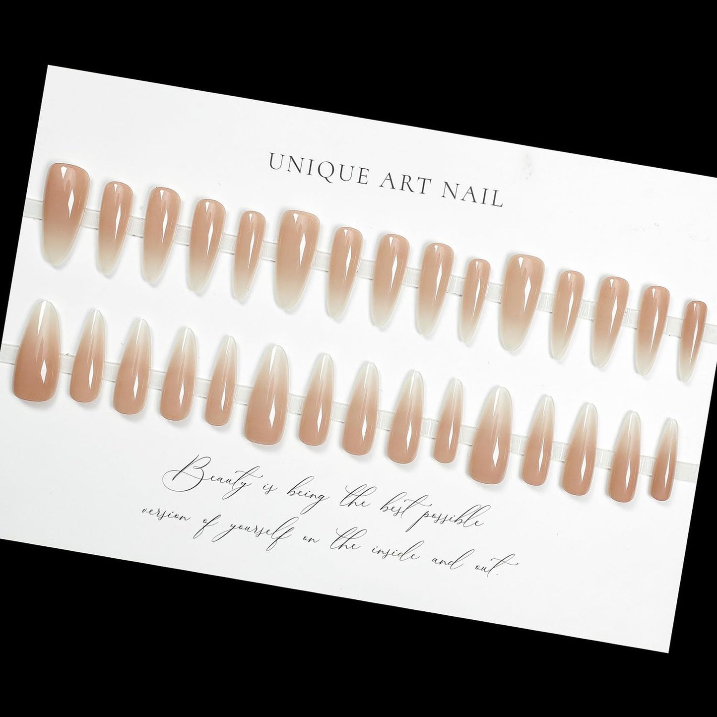 S.A.V.I 30 Pcs Long Almond Ombre Nude Press On Nails | Reusable Fake Nails with Glue & Adhesive Tabs | Elegant French Manicure Look | For Salon-Like DIY at Home