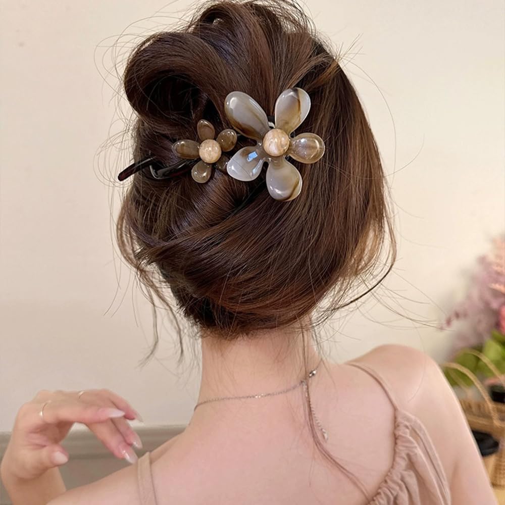 S.A.V.I Brown Floral Hair Clip for Women & Girls | 13cm Resin Tortoise Shell Claw Clip | Stylish Flower Hair Accessory for Bun, Daily, Party | Strong Grip, Elegant Look