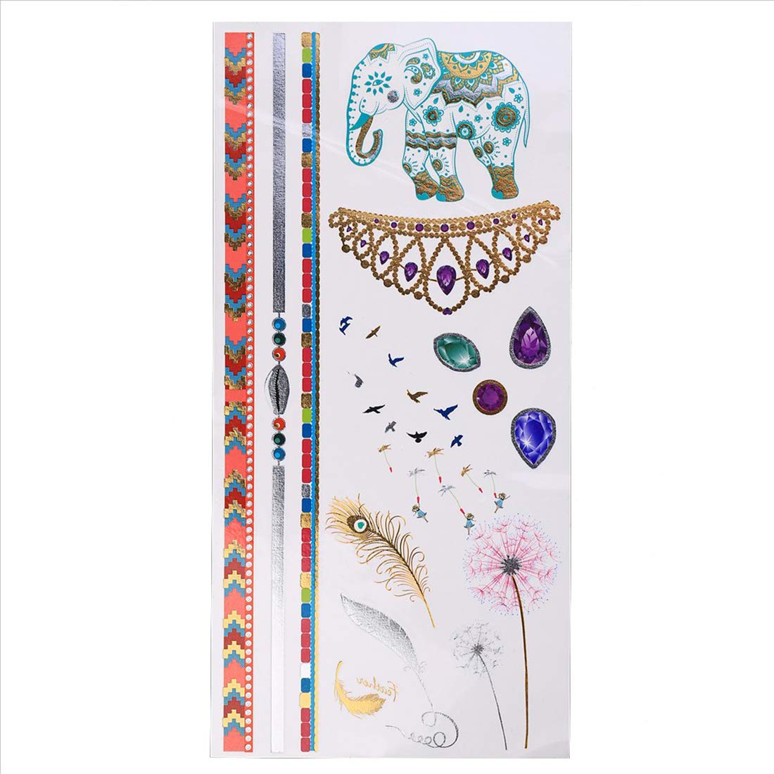 S.A.V.I 3D Temporary Tattoo Golden And Silver Metallic Sticker Elephant Crown Birds Flowers Wrist Arm Design Size 21x10CM - 1PC.