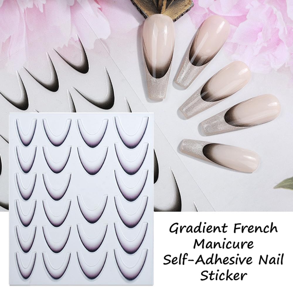 S.A.V.I 4 Sheets Gradient Ombre French Manicure Nail Art Stickers – Self-Adhesive V-Tip Design for DIY Nails – Multi-Color White Black Red Lavender – Easy Peel & Apply, 9x7 cm