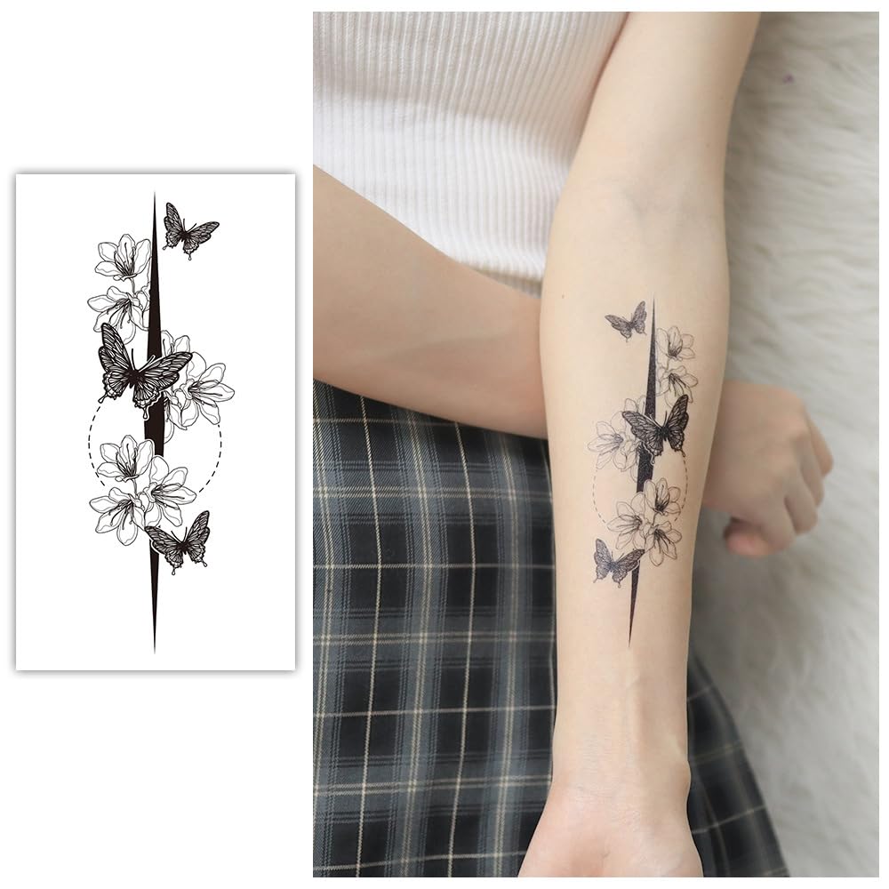 S.A.V.I 3 Pcs Black Floral Temporary Tattoo Stickers for Women & Girls – 16x9 cm Safe Non-Toxic Body Art – Waterproof Butterfly, Sunflower, Quotes Design for Arm, Back & Shoulder (11)