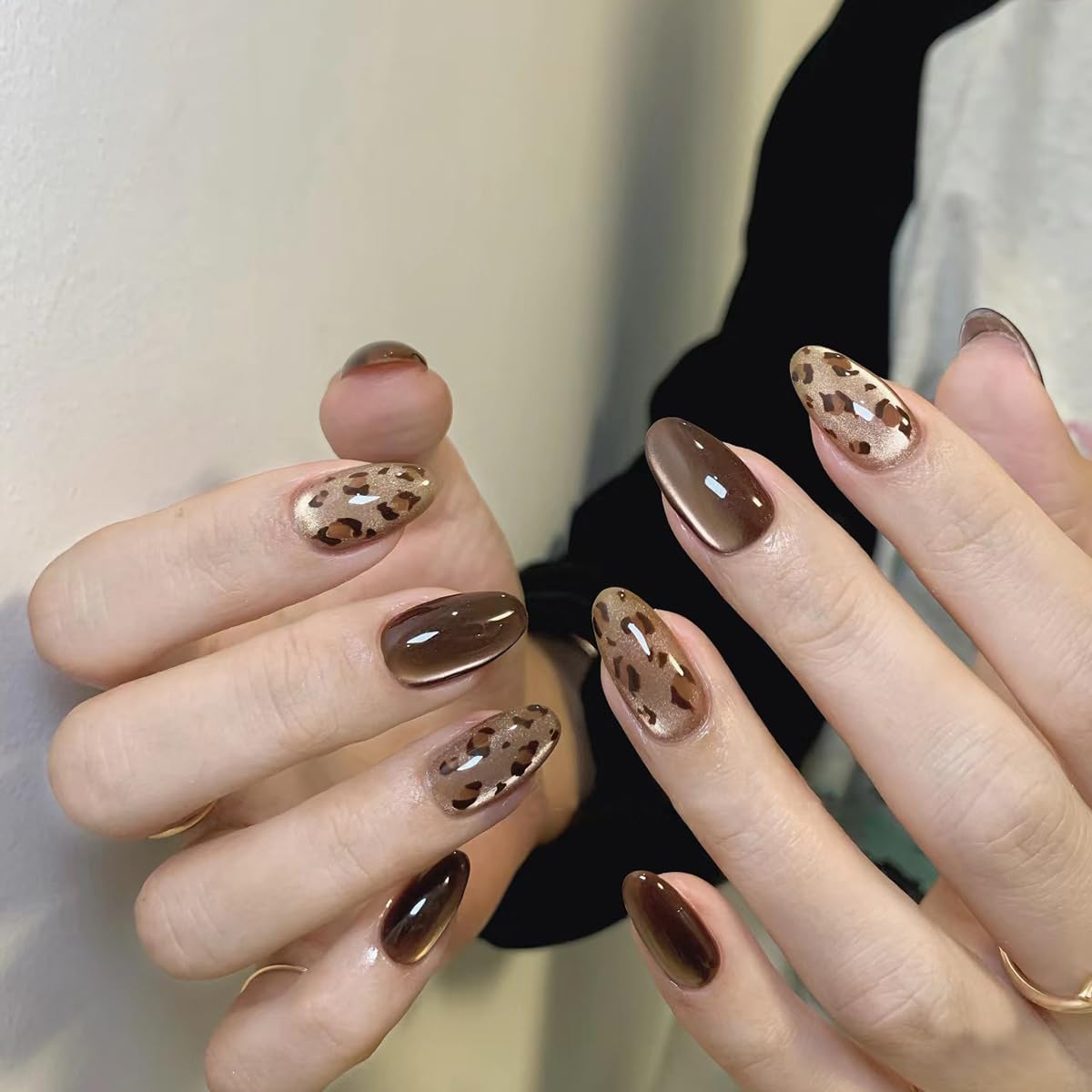 S.A.V.I Long Almond Cat Eye Brown Press-On Nails | 30 Reusable Pieces with Leopard Print Design | Includes Nail Glue & Adhesive Tabs for Salon-Look Manicure at Home