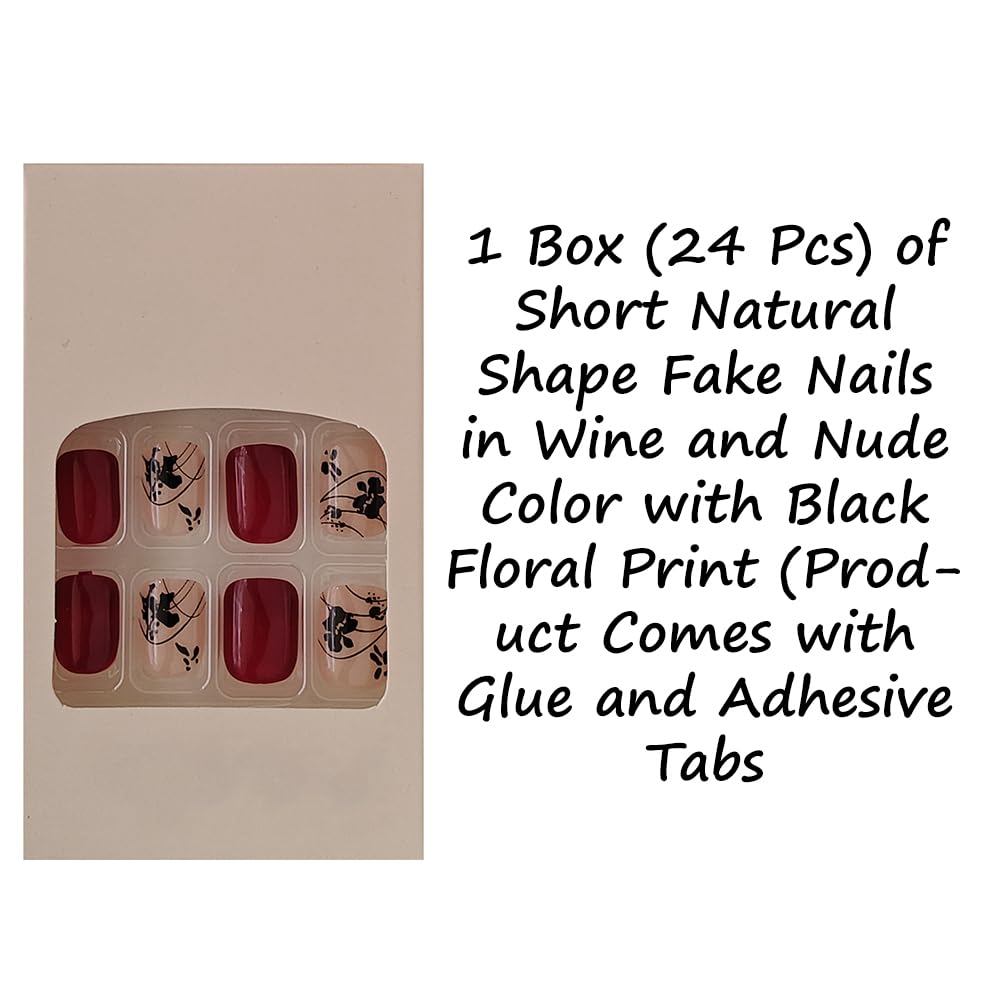 S.A.V.I 24 Pcs Wine & Nude Short Press On Nails with Black Floral Design | Natural Look Reusable Fake Nail Tips for Women & Girls | With Glue & Adhesive Tabs | Nail Art Kit