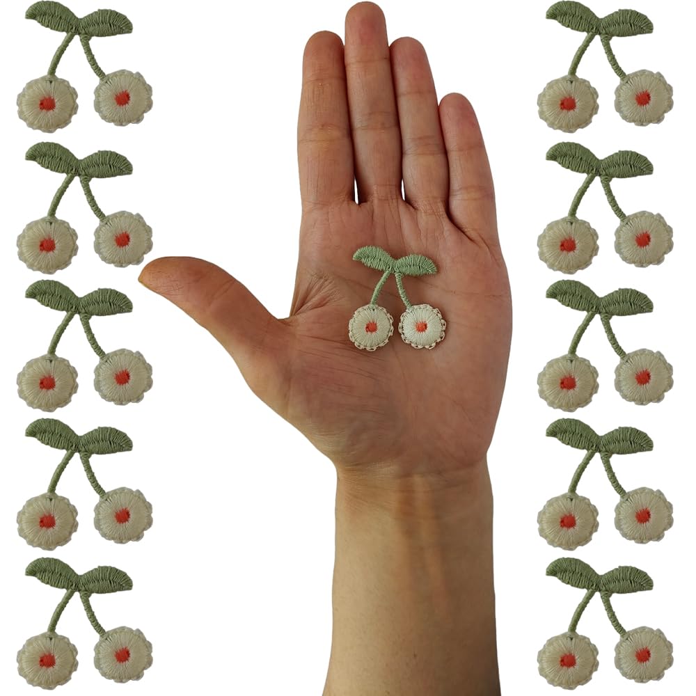 S.A.V.I Vibrant Cherry Embroidery Patch Set of 10 - DIY Sew-On Badges for Clothes, Jackets, Dresses, Blouses, Scarves, Hats, Bags, Jackets, Vests, Skirts, T-Shirts, Sweaters, Tank Tops (White)