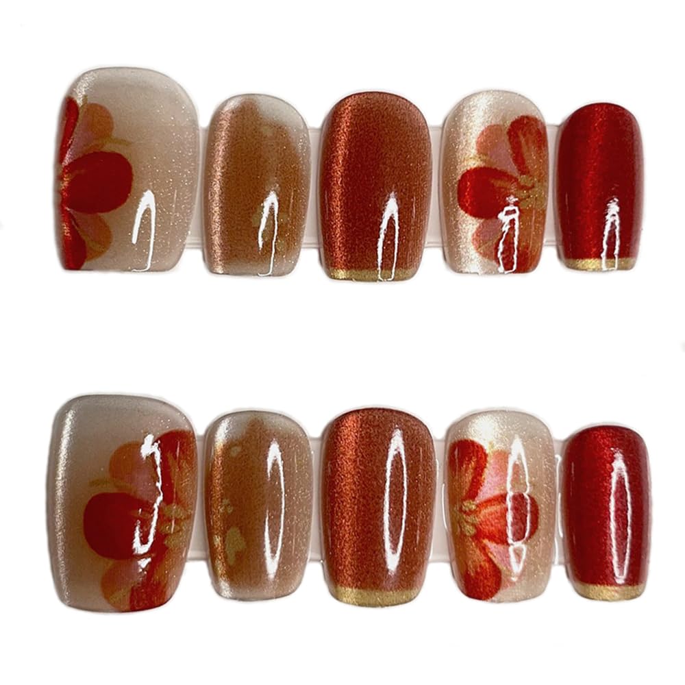 S.A.V.I 10 PCs Handmade Designer False Nails - Medium Length Natural Shape - Red Rust Orange Cat's Eye with Floral Print - Reusable Press-On Nails for Medium Width - Trendy Nail Art for Stylish Looks