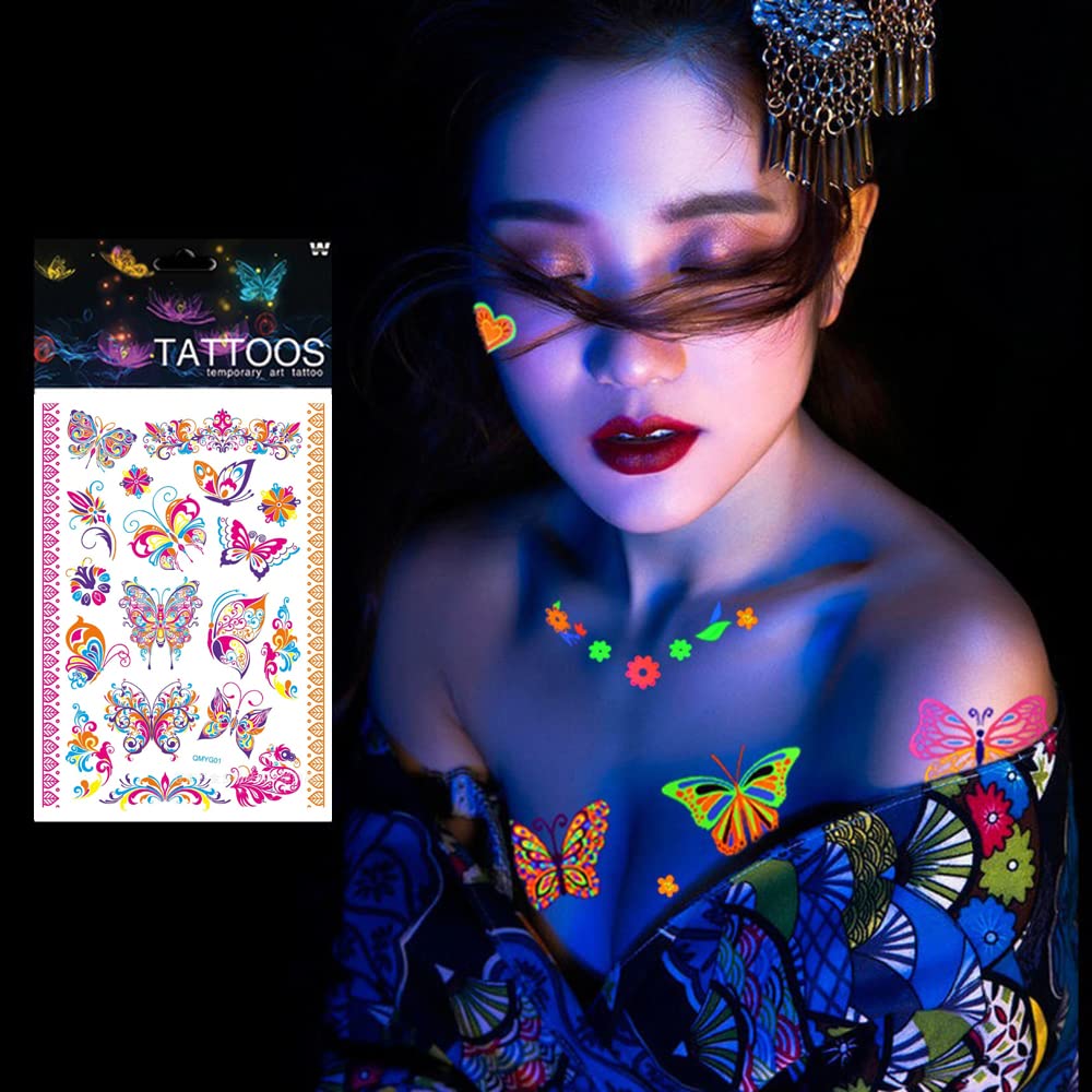 S.A.V.I Neon Temporary Tattoos, Glow UV Neon Body Face Skin Large Tattoo, Butterflies, Flowers, Armband, Tattoos Flash Fake Waterproof Tattoo Stickers for Women Men Girls Body Art, Size- 21x15CM