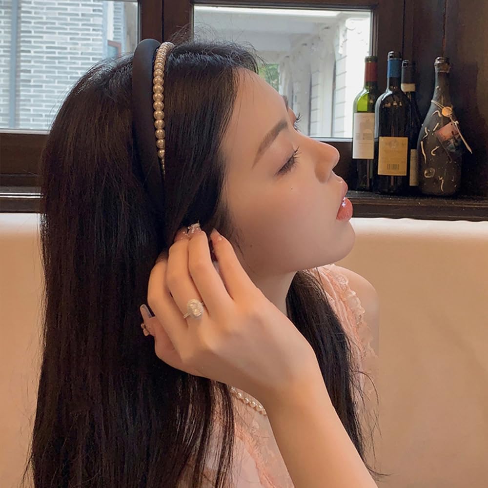 S.A.V.I Women's Black Velvet Hairband with Faux Pearls | Wide Padded Headband for Girls & Women | Elegant Hair Accessory for Wedding, Party & Daily | Comfortable & Stylish Look
