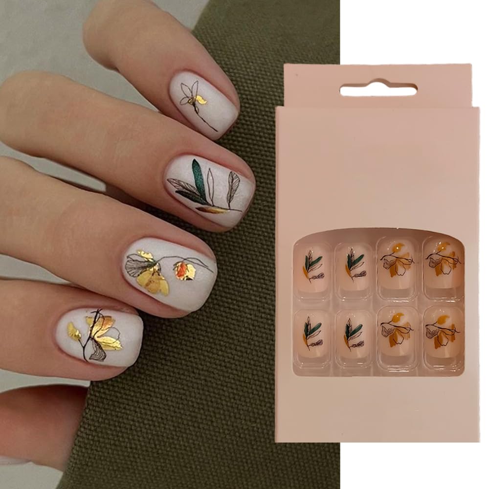 S.A.V.I 24pc Nude Floral Leaf Square Press-On Nails - Adhesive Tabs Glue Included