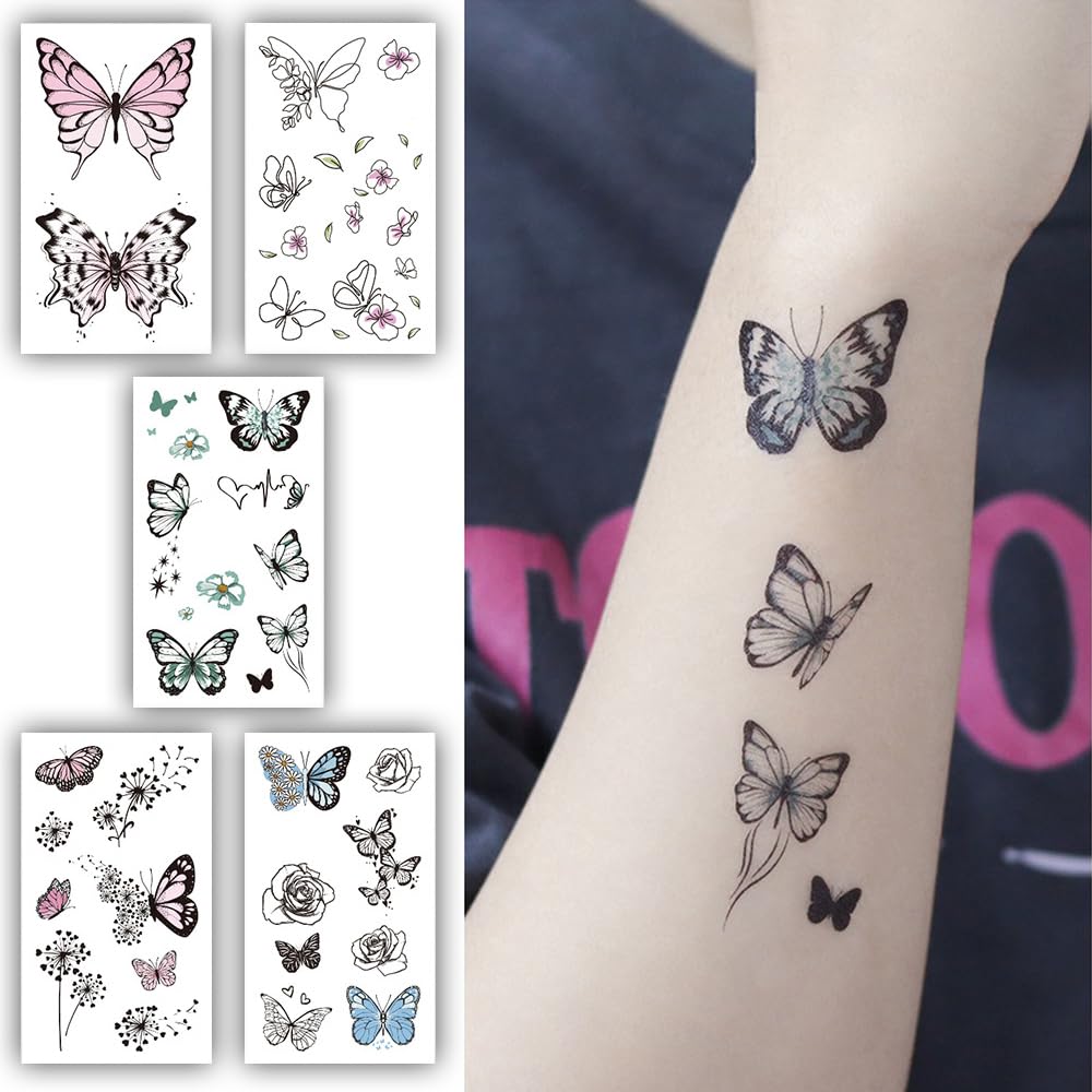 S.A.V.I 5PCS Temporary Tattoos Stickers - Butterfly, Colorful Diverse Patterns, Waterproof, 10.5x6cm