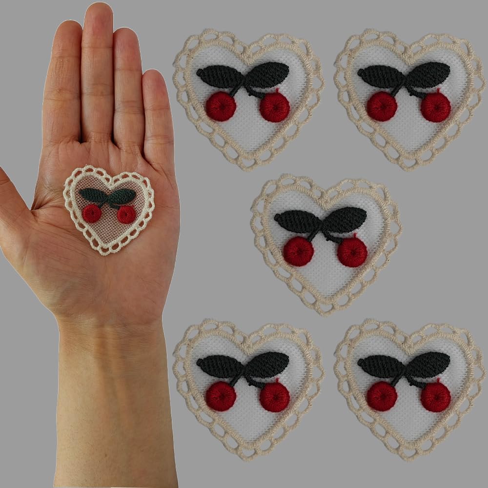 S.A.V.I Heart-Shaped Cherry Blossom Lace Appliqué, 5-Pack, Embroidered Sew-on Patch, Lightweight 0.55g, DIY Embellishment for Clothing Accessories