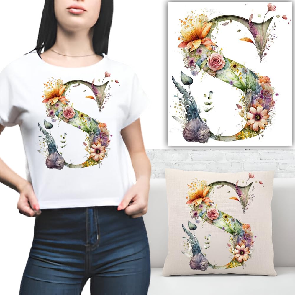 S.A.V.I 1PC Floral Alphabet Iron-On Patch – Washable Heat Transfer Sticker for DIY T-Shirts, Jeans, Pillows, Backpacks, Hats – Easy Applique with Beautiful Flower Design – Clothing Accessories Patch (S)
