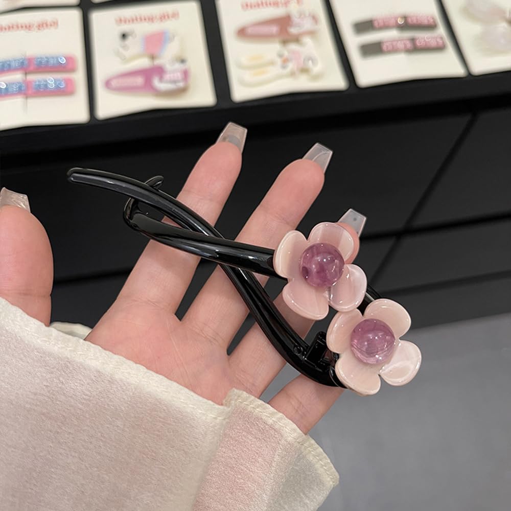 S.A.V.I Stylish 11cm Pink Floral Hair Clutcher for Women | Black Acrylic Hair Clip with Dual Flower Design | Strong Grip Clutch for Daily, Office, Casual & Party Hairstyles
