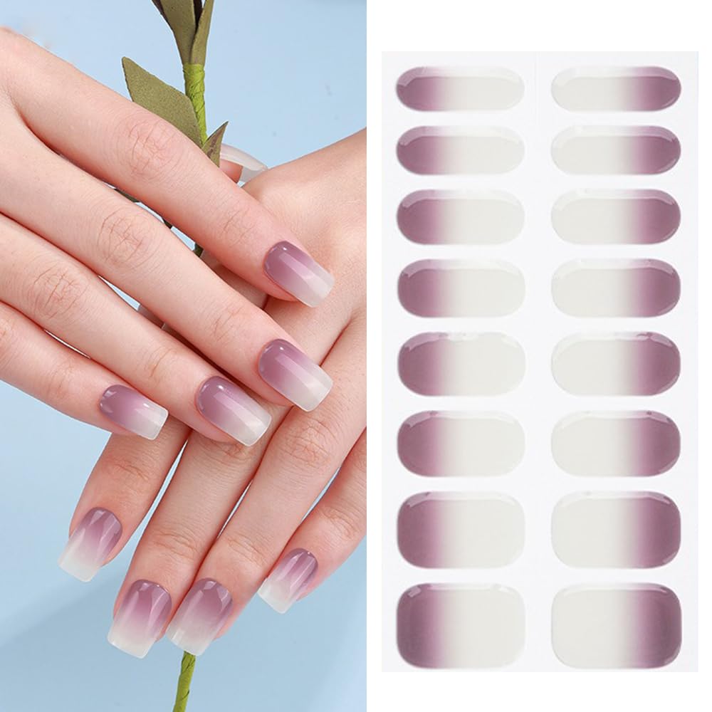 S.A.V.I Purple White Gradient Gel Nail Stickers - UV Cure Required, 16 Semi-Cured Wraps