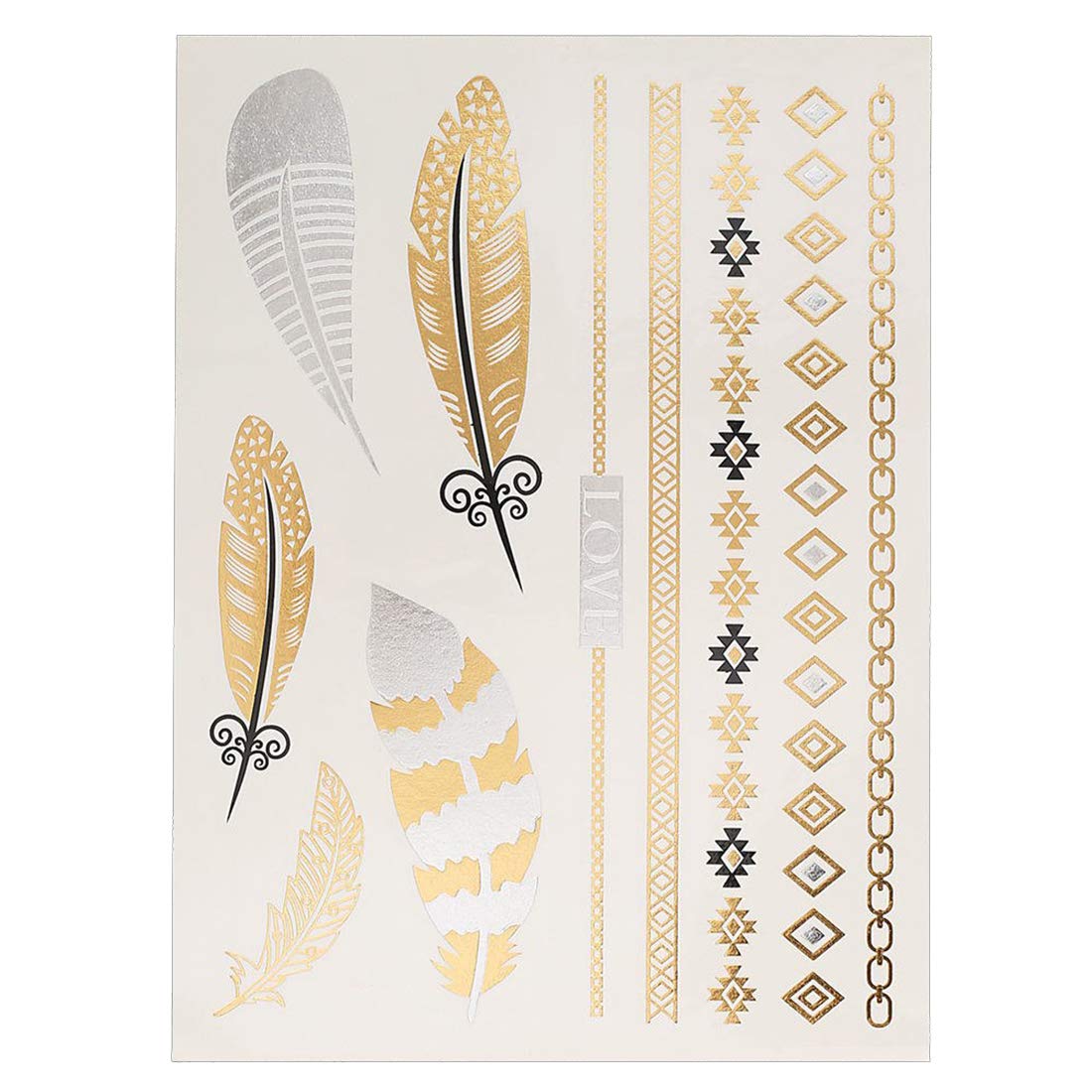 S.A.V.I 3D Temporary Tattoo Golden and Silver Metallic Sticker Feathers Design Size 21x15cm - 1pc. (66-1), Gold