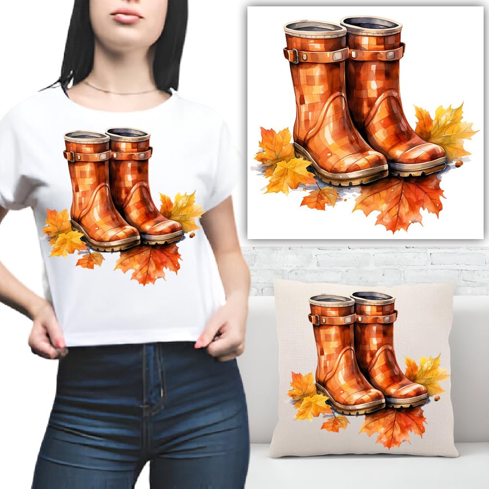 S.A.V.I Autumn Style Iron-On Patch - Brown Boots with Leaves Design, 8.5x7 Inches, Washable Heat Transfer Sticker for DIY T-Shirts, Hoodies, Bags, Pillows More – Easy-to-Apply Applique for All Fabrics