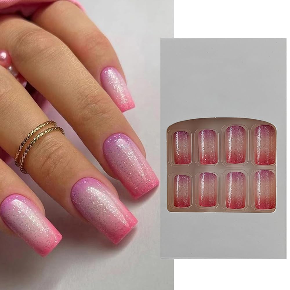 S.A.V.I 24 PCs Long Square Shape Press-on Fake Nails - Purple Nude and Pink Gradient with Glitter - DIY Manicure Kit for Salon-Quality Nails at Home