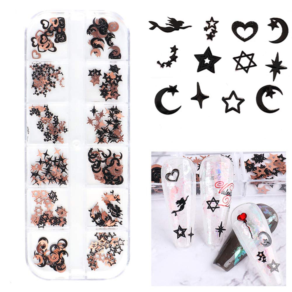 S.A.V.I 3D Nail Art Black Rose Gold Stars Moon Metal Sequin Decorations Palette DIY