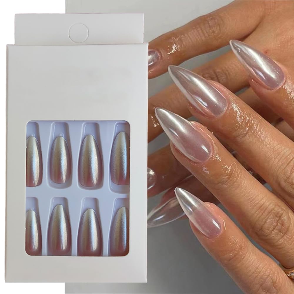 S.A.V.I 24 PCs Silver Pearl Gradient Almond Press-On Nails | Adhesive Glue Included