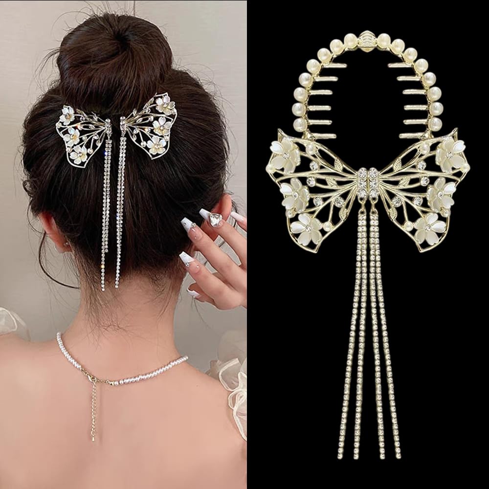 S.A.V.I Elegant Gold Bow Hair Clip for Women - Pearl Rhinestone Tassel Hairpin | Floral Orchid Design Hair Accessories for Updos | Wedding, Party Festivals | Durable Stylish (1 Pc)