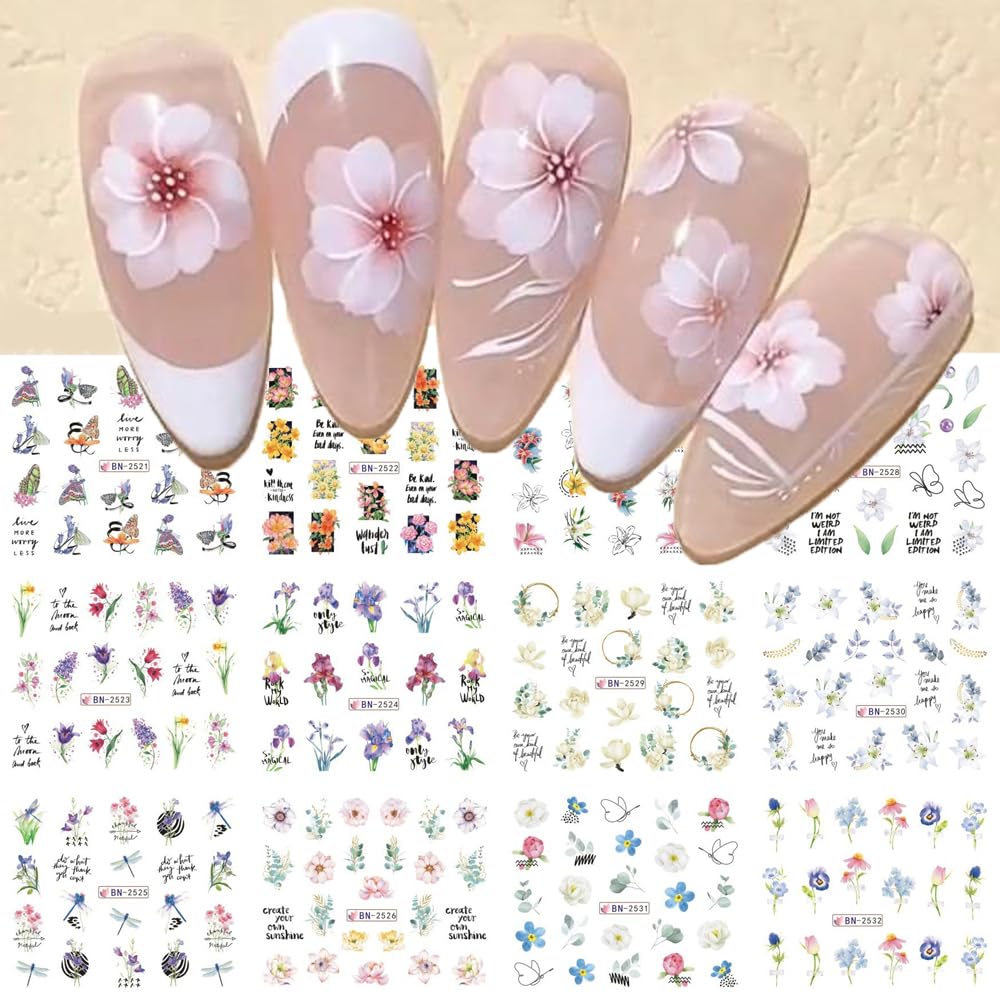 S.A.V.I 12 Sheets Floral Nail Art Water Decals - Wildflowers, Butterflies, Quotes - Easy to Apply Long-Lasting Nail Stickers - Perfect DIY Manicure Decoration for Women Girls