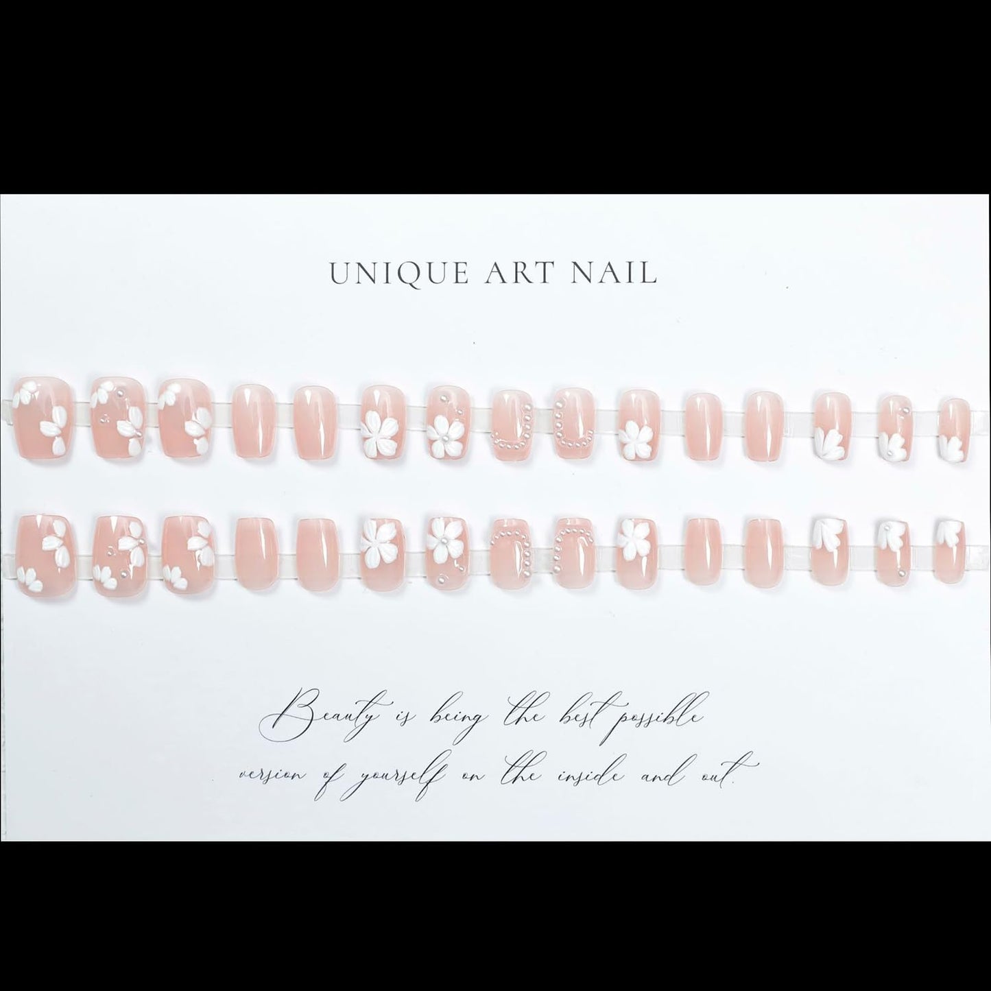 S.A.V.I 30 Pcs Short Natural Nude Fake Nails with 3D White Flowers & Pearls | Reusable Press-On Nail Tips | Glue & Adhesive Tabs Included | Salon-Perfect Manicure at Home