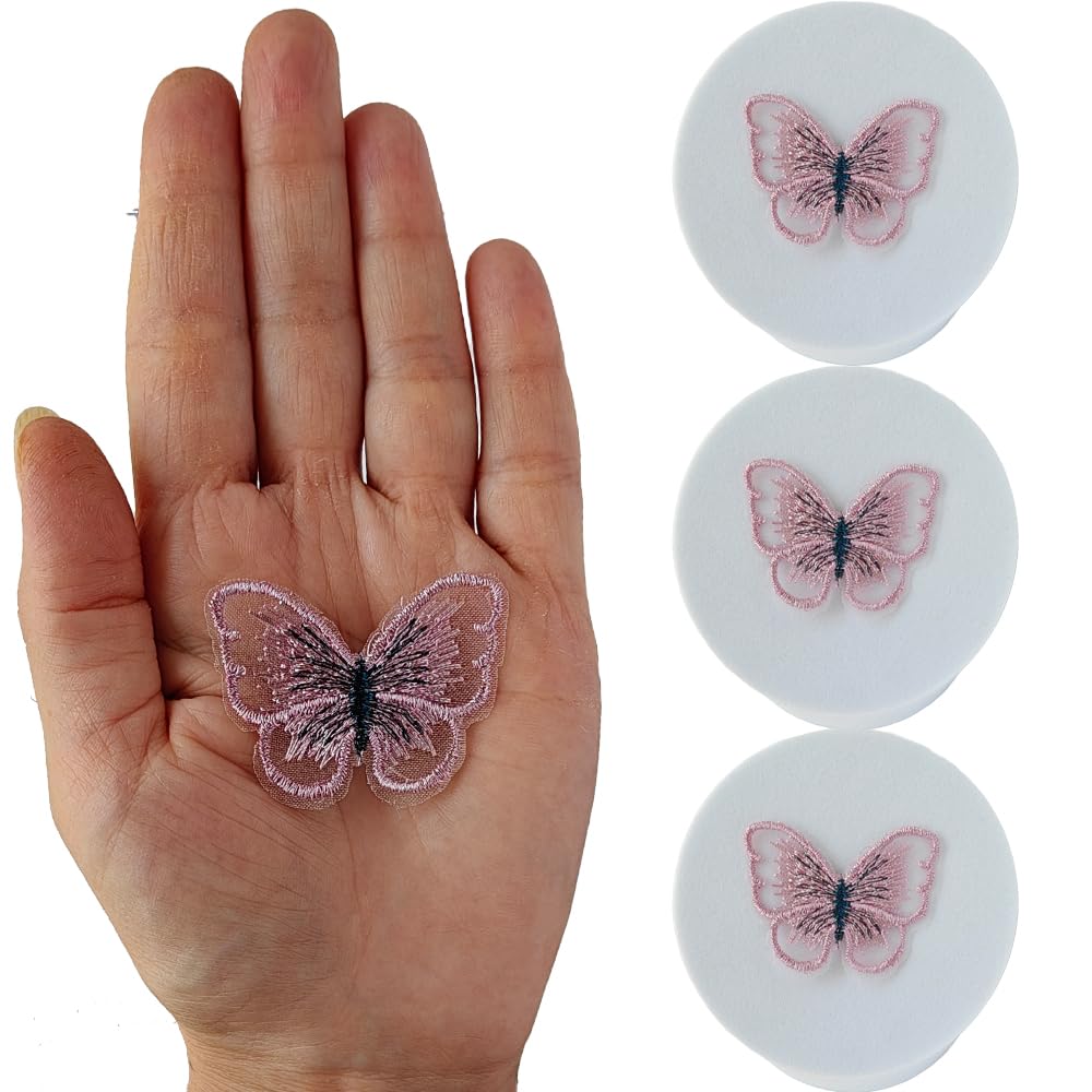 S.A.V.I 3 PCS. Butterfly Embroidered Appliqué Patches, Sew-On, Lightweight, 4.1 x 3.2 cm, Ideal for DIY Clothes, Dresses, Scarves, Bags, Accessories, Crafts (Pink)