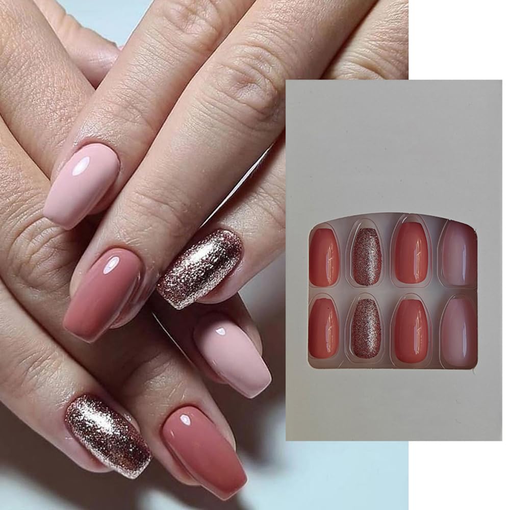 S.A.V.I 24 Pcs Pink Square Press-On Nails Set | Medium Length, Glossy Glitter Artificial False Nails for Women Girls | Long-Lasting, Easy to Apply DIY Manicure Kit | Reusable Natural Look